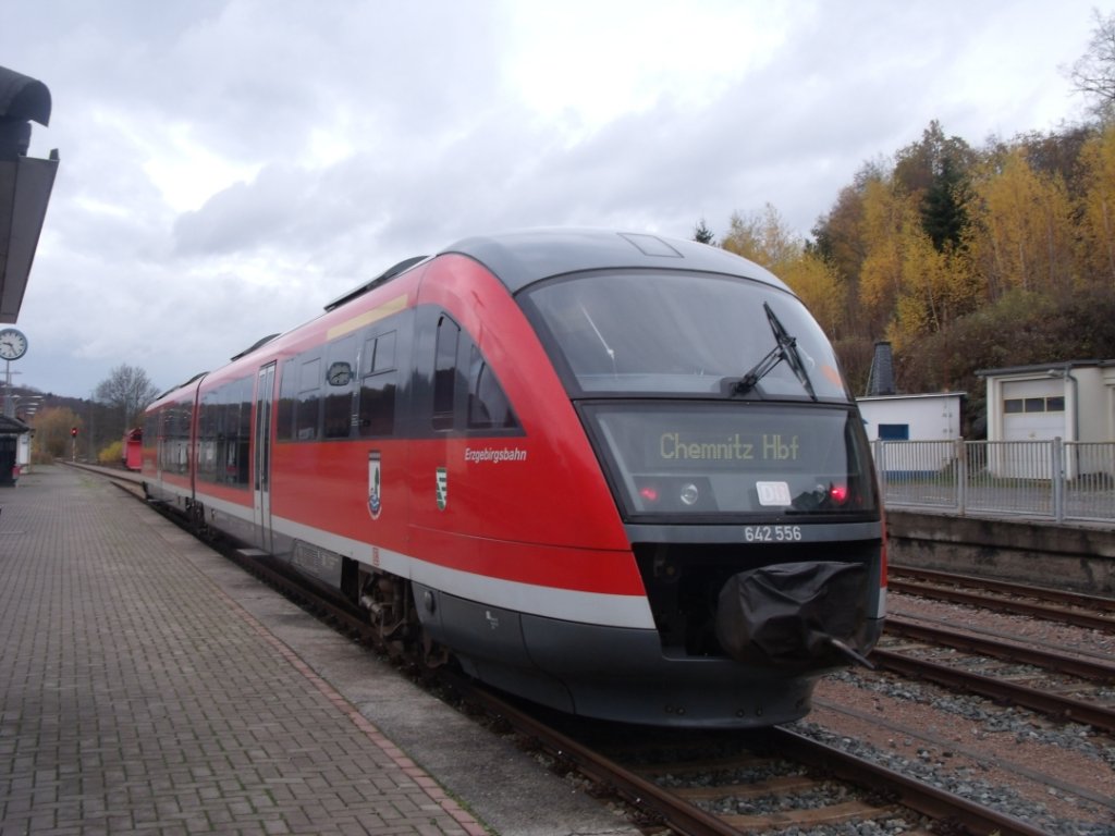 Erzgebirgsbahn - 642 056/ 642 556 -   Gemeinde Pockau   - als RegionalBahn RB 23807 - in Aue(Sachs) - am 12.November 2012