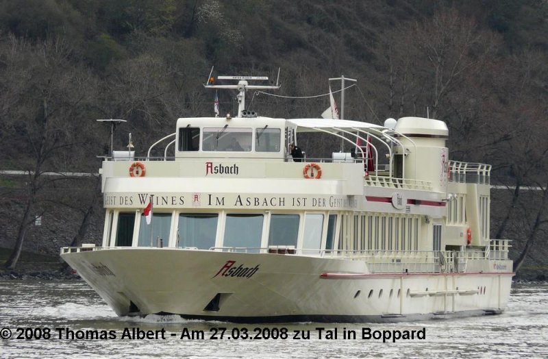 Name:  ASBACH  , ex  MARKSBURG  - 2002 / Baujahr: 1996 / Bauwerft: De Hoop in Lobith (Niederlande) / Flagge: Deutschland / L�nge: 68,13 m / Breite: 11,40 m / Tiefgang: 1,15 m / 600 Passagiere / Antrieb: 2 x MAN mit je 470 PS / Eigner ~ Betreiber: Premicon AG in M�nchen ~ K�ln-D�sseldorfer Deutsche Rheinschiffahrt AG in K�ln / Heimathafen: K�ln (?) / Fahrtgebiet: Rhein / Schiffs- oder Registriernummer: 04033080 / Bemerkung: Schwesterschiff der  LORELEY  (IV)