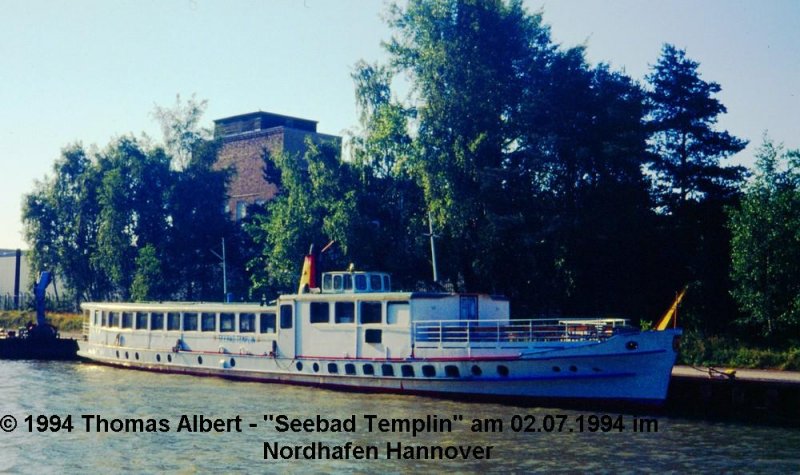 Name:  NICOLE B.  , ex  SEEBAD TEMPLIN  - 1994, ex  PROFESSOR RUD. VIRCHOW  (auch  RUDOLF VON VIRCHOW ) - 1960 / Baujahr: 1904 / Bauwerft: Oderwerke AG (Deutsche Werke) in Stettin (Deutschland) / Flagge: Deutschland / L�nge: 36,72 m / Breite: 5,75 m / Tiefgang: 1,83 m / 170 Passagiere (ex 222 Passagiere , ex 370 Passagiere in Potsdam , 340 Personen als Dampfer) / Antrieb: Mercedes, 2 x 200 PS (ab 1999) , ex 2 x 150 PS , ex Dampfmaschine mit 180 PS bis 1959 / Eigner ~ Betreiber: Arno Harms Personenschiffahrt (ex Wei�e Flotte Potsdam bis 1993 , ex DSU - Personenschiffahrt in Berlin bis 1957, ex Generaldirektion Schiffahrt in Berlin bis 1949 , ex Stern und Kreis bis 1947 / Heimathafen: Hannover (ex Potsdam bis 1993 , ex Berlin bis / Fahrtgebiet: Mittellandkanal (ex Berliner Gew�sser bis 1993) / Schiffs- oder Registriernummer: ex P-173 (auch P-135) , ex PD-401 (DSU 401) , ex DSU-Pa�nummer: 3-008  / Bemerkung: Erbaut als Dampfschiff. Umbau 1945/47 bei der Lanke-Werft in Berlin. Umbau zum Motorschiff und Verl�ngerung um 5 Meter 1959/60 bei der Placke-Werft in Aken.