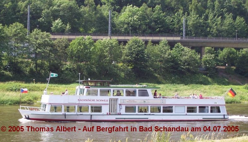 Name:  S�CHSISCHE SCHWEIZ  , ex  DORNR�SCHEN  - 2000, ex  MENELAOS  - 1986 / Baujahr: 1979 / Bauwerft: B�sching & Rosenmeyer (auch: B�ching und Rosemeiner) in Vlotho (Niederlande) / Flagge: Deutschland / L�nge: 27,58 m / Breite: 5,57 m / Tiefgang: 0,80 m / 210 Passagiere (vorher 300 Passagiere) / Antrieb: 2 x 113 PS / Eigner~Betreiber: Personenschiffahrt-Oberelbe (Bernd Frenzel) in Pirna (ex Oberweser-Dampfschiffahrt GmbH in Hameln bis 2000) / Heimathafen: Pirna (Hameln bis 2000, Minden bis 1986) / Fahrtgebiet: Elbe (Weser bis 2000) / Schiffs- oder Registriernummer: ? / Bemerkung: 