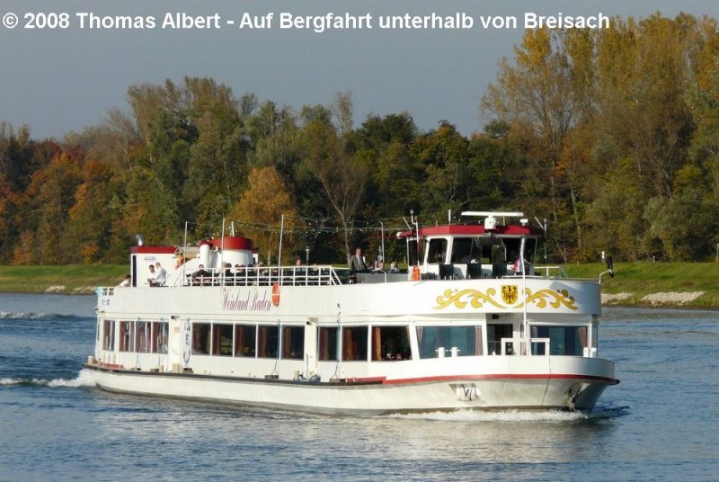 Name:  WEINLAND BADEN  / Baujahr: 1980 / Bauwerft: Schiffswerft Schmidt in Remagen-Oberwinter (Deutschland) / Flagge: Deutschland / L�nge: 57,00 m (ex 33,00 m bis 2006) / Breite: 8,20 m / Tiefgang: 1,00 m / 250 Passagiere / Antrieb: 2 x Deutz F10L 413 F (10-Zyl.-V-Motor - Diesel) mit je 267 PS (196 kW) bei 2300 UpM, bis 2008 2 x 242 PS (178 kW) bei 2150 UpM  auf 2 Schottel-Ruder-Propeller (SRP 100) / Eigner~Betreiber: Hermann J. und Christian Goedert GbR, Breisach ~ Breisacher Fahrgast-Schiffahrt GmbH (ex Fahrgastschiffahrt  WEINLAND BADEN  bis 199?, Ernst Kurella bis 1987) / Heimathafen: Breisach / Fahrtgebiet: Rhein / Schiffs- oder Registriernummer: 04305170 / Bemerkung: Im Fr�hjahr 2006 wurde das Schiff, bei der Schiffswerft Erlenbach am Main ,von 33,00 m auf 57,00 m verl�ngert, durch Einbau eines neuen Mittelteils.